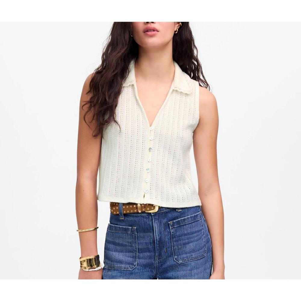 Madewell Women's Crochet Knit V-Neck Sleeveless Sweater Vest Ivory M Medium New